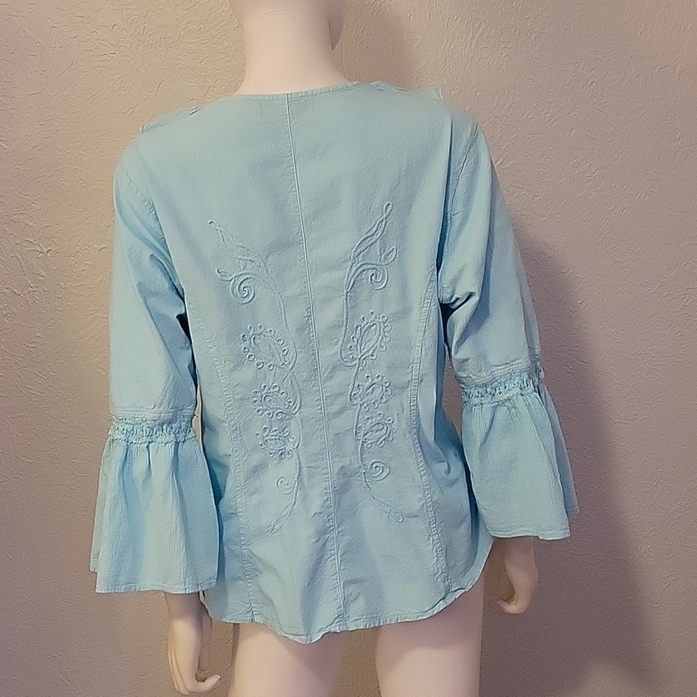 G DESIGNS Icy Blue Floral Embroidered Ruffle Bell Sleeve Button Down Shirt - Picture 8 of 10